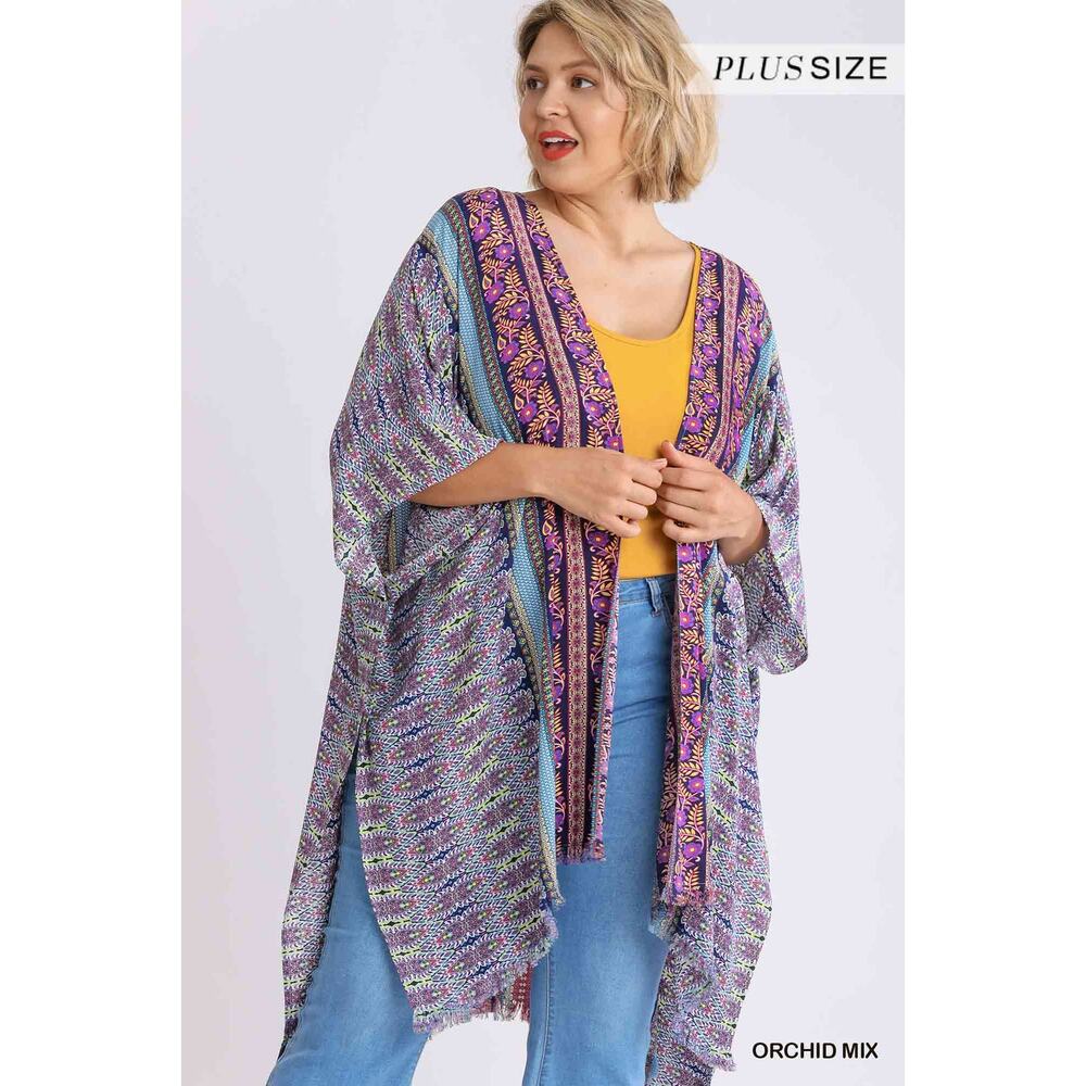 UMGEE Border Print Frayed Hem Boho Kimono / Beach Cover Up Plus Size XL/1XL